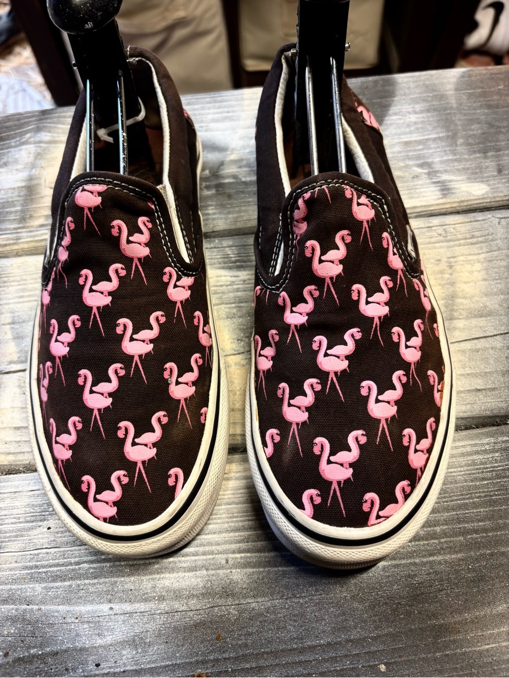 Vans pink flamingo slip-on sneakers with pink flamingo pattern on black W8.5